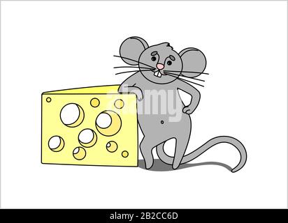 Maus Mit Käse. Die Immudent Mouse Steht Auf Ihren Hindbeinen, Ruht Auf einem Stück Käse Mit Löchern. Umriss Vektor-Bild isoliert auf weißem Hintergrund Stock Vektor