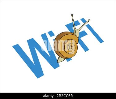 Schnecke Auf Dem Wort Wi-Fi. Langsame Internetgeschwindigkeit. Symbol für Langsamkeit. Moderne flache Vektorgrafiken auf weißem Hintergrund. Stock Vektor