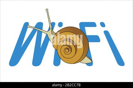 Schnecke Auf Dem Wort Wi-Fi. Langsame Internetgeschwindigkeit. Symbol für Langsamkeit. Moderne flache Vektorgrafiken auf weißem Hintergrund. Stock Vektor