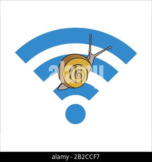 Schnecke Auf Dem Wi-Fi-Schild. Langsame Internetgeschwindigkeit. Symbol für Langsamkeit. Moderne flache Vektorgrafiken auf weißem Hintergrund. Stock Vektor