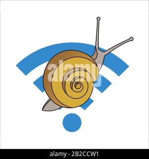 Schnecke Auf Dem Wi-Fi-Schild. Langsame Internetgeschwindigkeit. Symbol für Langsamkeit. Moderne flache Vektorgrafiken auf weißem Hintergrund. Stock Vektor