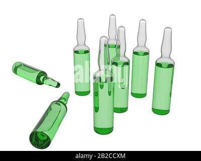 Glasampullen isoliert auf Weiß. Zerstreute Ampullen mit Medikamenten. Medizinische Ampullen schließen sich. Stockfoto