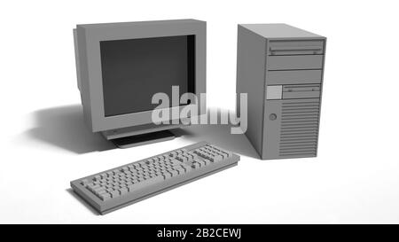 Generische Vintage 90's style Computer auf weißem Hintergrund. 3D-Darstellung. Stockfoto
