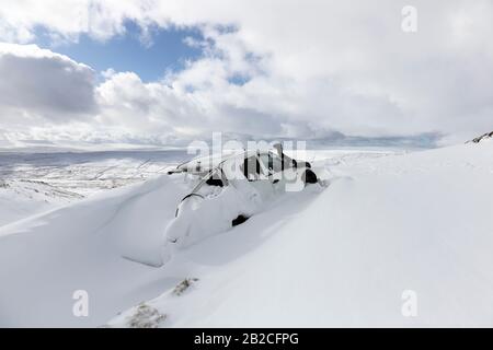 Teesdale, County Durham, Großbritannien. März 2020. Wetter in Großbritannien. Die 4x4-Fahrzeuge der in tiefem Schnee in Upper Teesdale eingeschlossenen sind noch nicht geborgen worden. Die Insassen verbrachten gestern die Nacht im Sturm Jorge und während sie von der Polizei, der Bergrettung und einem Schneepflugfahrer gerettet wurden, können ihre Fahrzeuge eine Weile dauern, bis sie sich erholt haben. Credit: David Forster/Alamy Live News Stockfoto