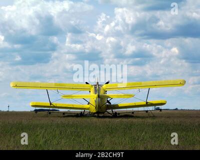 Gelbe Doppelflügel-Doppelflügler, startbereit auf offenem grünen Rasenplatz unter blauem Himmel mit weißen Wolken. Fliegen- und Freiheitskonzept. Grüne Wiese Stockfoto