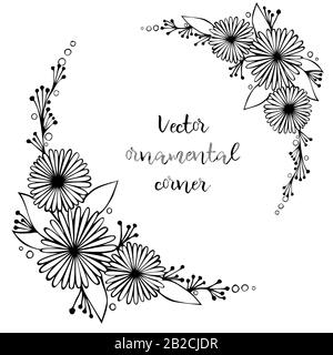 Set aus dekorativem Vektor mit handgezeichneter Eckornament. Rahmen mit Frühlingsblumen. Schwarz-weißer Rand Stock Vektor
