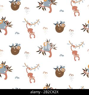 Dschungel Tiere Spaß niedlich nahtlose Muster Vektor. Kindlicher Cartoon-Hintergrund mit Affen, Koala und Faultier. Stock Vektor