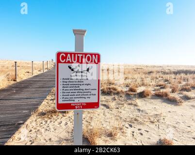 Vorsicht Hai Warnschild am Scusset Beach, Sagamore Cape Cod, Massachusetts USA Stockfoto