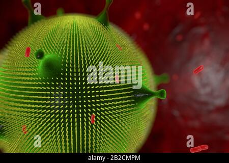 Stilisierte 3D-Darstellung mit dem Bild eines Virus und Bakteriums unter einem Mikroskop Stockfoto