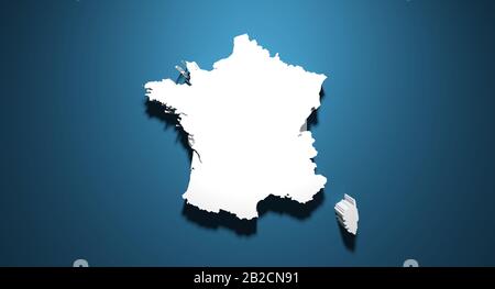 3D Rendering Frankreich Karte mit Schatten auf blauem Hintergrund Stockfoto