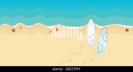 Zwei Surfbretter am Strand im Sommerferiendesign mit Vektorgrafiken EPS10 Stock Vektor