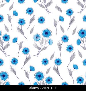 Nahtloses Muster mit blauen Blumen auf weißem Hintergrund. Vektorgrafiken Stock Vektor