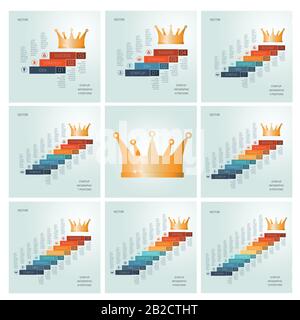 Vektorvorlagen. Starterfolg für 3,4,5,6,7,8,9,10 Positionen, Konzeptionelle Infografikschritte nach oben Treppe und Krone, für den Workflow benutzbar, B. Stock Vektor