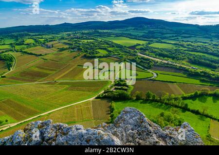 Landschaft der Weinberge und die Landschaft, betrachtet aus den Felsen von solutre (La Roche), in Saône-et-Loire, Burgund, Frankreich Stockfoto