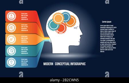 Infografik mit Zahnrädern im Männerkopf und farbigen Streifen. Vorlage mit 5 Optionen für Intelligenzkonzept und andere konzeptionelle Varianten. Stock Vektor