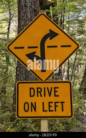 Fahren Sie auf dem linken Schild im Fiordland-Nationalpark, in der Nähe von Milford Sound, Southland Region, South Island, Neuseeland Stockfoto