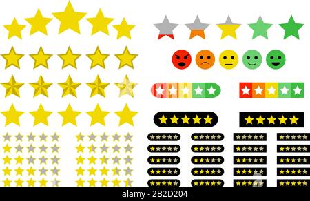 Legen Sie Bewertungselemente fest. Flat Stars und Emoticons Stock Vektor