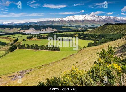 Rakaia River Valley, Mount Hutt Range, Südalpen, von der Rakaia Gorge Road (SH 77), in der Nähe von Methven, Canterbury Region, South Island, Neuseeland Stockfoto