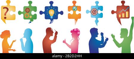 Puzzleteile mit Symbolen zur Problemlösung. Menschen mit farbigem Profil gestikulieren. Unternehmenslösung. Konzeption des Problemlösungsteams. Strategie und Erfolg. Stock Vektor