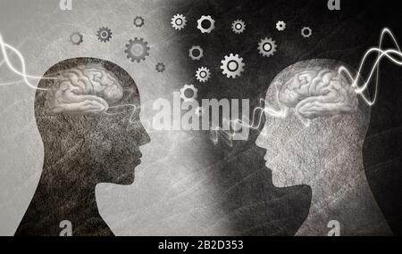 Neurowissenschaften oder neurologisches Seminar. Gruppentherapie. 2 menschliche Köpfe im Silhouette-Profil mit Gehirn und Zahnrädern. Neurologische Hilfe und Therapie. Stockfoto