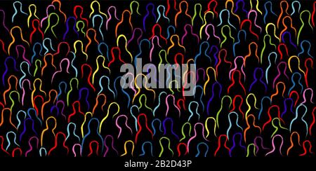 Die Silhouetten von Menschen mit farbenfrohem Schlaganfall sind Zahlreich an Menschen mit mehreren ethnischen Gruppen, die miteinander kommunizieren und Ideen teilen. Verwirrung und Unordnung. Demonstration Stock Vektor