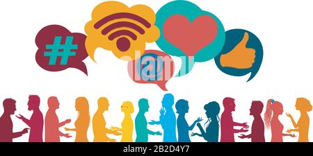 Silhouettengruppe von Menschen, die Ideen sprechen und teilen.Sprechblase.Social Media-Konzept. App-Symbole für Blogger und influencers.Community.Followers Stock Vektor