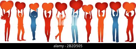 Silhouette Gruppe von Freiwilligen mit erhobenen Armen, die eine herzförmige Sprechblase halten.Pflege Zusammenarbeit Hilfe und Hilfe für Menschen.Solidarität Stock Vektor