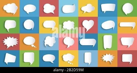 Sammlung moderner Vektorwolken isoliert. Cartoon-Blasen-Form und Wortfeld für den Papierchat zum eingeben von Textnachrichten. Sprechblasen leer einstellen. Dialogfeld Stock Vektor