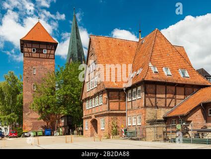 Luneburg - Juli 2018, Deutschland: Historische Bauten im traditionellen deutschen Architekturstil. Stockfoto