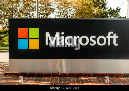 Charlotte, NC/USA - 9. November 2019: Mittelgroße horizontale Aufnahme von "Microsoft"-Beschilderung im Freien, die Marke in weißen Buchstaben und farbenfrohem Windows-Logo zeigt. L Stockfoto