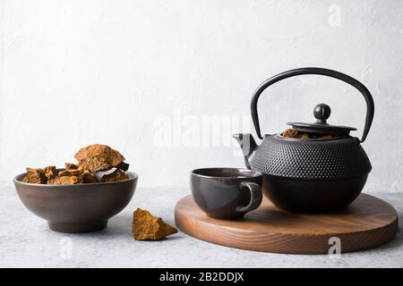 Bio Chaga Tee in der Tasse. Trendige russische, gesunde Infusion aus Birkenpilz auf hellem Hintergrund. Nahaufnahme. Horizontal Stockfoto