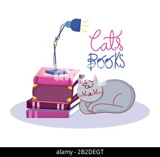 Tag buchen, schlafende Katze leuchtet Lampe auf Stapelbüchern Vektorgrafiken Stock Vektor