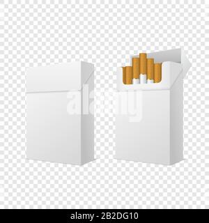 Vector Realistic Geschlossen und Geöffnet Clear Blank Leer und mit Cigarettes Pack Box Isoliert auf Transparentem Hintergrund. Designvorlage. Rauch Stock Vektor