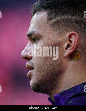 Birmingham, Großbritannien. März 2020. Torhüter Ederson von Man City im Vorspiel beim Carabao-Cup-Endspiel zwischen Aston Villa und Manchester City im Wembley-Stadion, London, England am 1. März 2020. Foto von Andy Rowland. Kredit: Prime Media Images/Alamy Live News Stockfoto