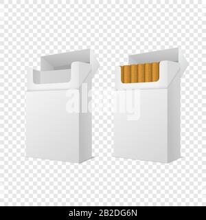 Vector Realistic Geschlossen und Geöffnet Clear Blank Leer und mit Cigarettes Pack Box Isoliert auf Transparentem Hintergrund. Designvorlage. Rauch Stock Vektor