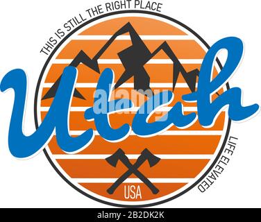 Reisen Sie Utah Destination Retro-Symbol, Emblem, Aufkleber oder Abzeichen in Cartoon Flat Style, USA. Stock Vektor