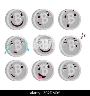 Flaches Cartoon Bitcoin. Silbernes Bitcoin Emoticon Set. Stock Vektor