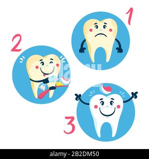 Satz von sauberen und schmutzigen Zähnen auf blauem Hintergrund, Zahnreinigung Stock Vektor