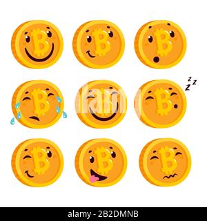 Cartoon Gold und Silber Bitcoin Charakter. Bitcoin Emoticon Set. Stock Vektor