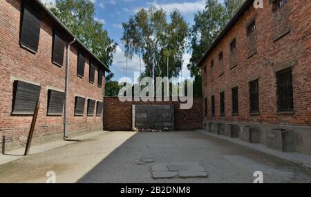 Schwarze Wand, Erschiessungen, Block 11, Stammlager ich Konzentrationslager Auschwitz-Birkenau, Auschwitz, Polen Stockfoto