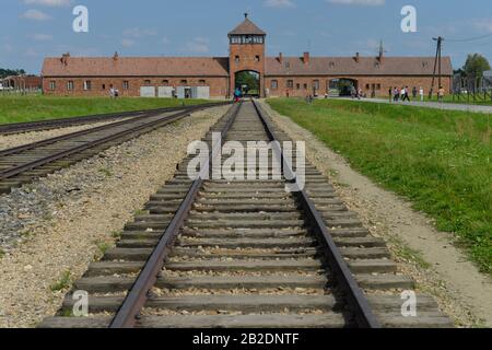 Bahngleise, Torhaus, Konzentrationslager, Auschwitz-Birkenau, Auschwitz, Polen Stockfoto