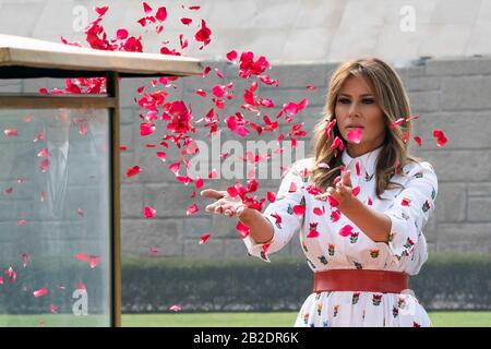 Die US-First Lady Melania Trump streut Rosenblätter zu Ehren Mahatma Gandhis während einer Kranzniederlegung in Raj Ghat am 25. Februar 2020 in Neu-Delhi, Indien. Stockfoto