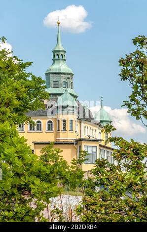 Spitzhaus ein Wahrzeichen im Jahre 1622 an die Weinberge von Radebeul bei Dresden gebaut, Deutschland Stockfoto