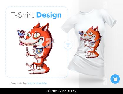 Fox bereit zum Essen mit Vogel auf der Nase. Abzüge auf T-Shirts, Sweatshirts, Taschen für Handys, Souvenirs. Stock Vektor