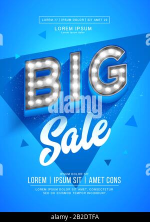 Blau großes Poster oder Flyer Design. Retro-Light-Signboard-Banner mit leuchtenden Glühbirnen Stock Vektor