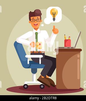 Geschäftsmann, der am Computer arbeitet und auf eine gute Idee wartet. Cartoon - Flat-Style-Illustration Stock Vektor