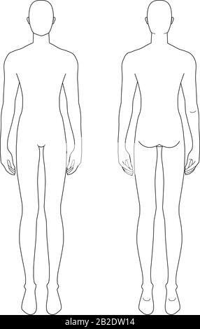 Modevorlage von stehenden Männern. 9 Kopfgröße für technisches Zeichnen. Herren Abbildung Vorder- und Rückansicht. Vector Outline Junge für Mode-Skizzen und Illustration. Stock Vektor