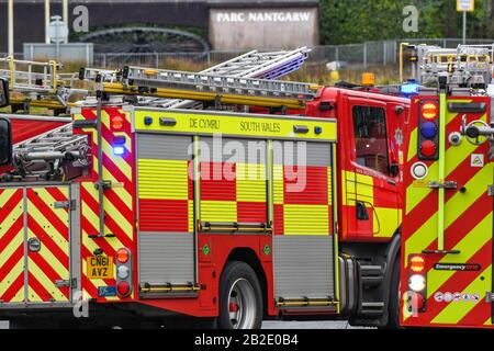 NANTGARW, IN DER NÄHE VON CARDIFF, WALES - FEBRUAR 2020: Brandausschreibungen für einen Notfall in Nantgarw bei Cardiff Stockfoto