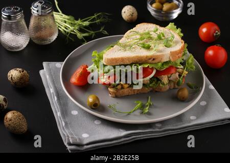 Sandwich mit Huhn, Kirschtomaten, Wachteleiern und Mikrogrüns vor dunklem Hintergrund Stockfoto