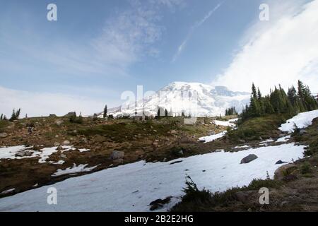 Mount rainier von einem Pfad aus betrachtet Stockfoto